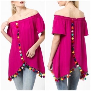 Love Riche Pink Pom Pom Off Shoulder Top